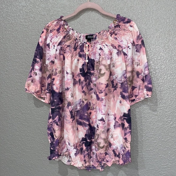 a.n.a plus size 1X peasant top tie dye smocked cropped fit top - Picture 3 of 6